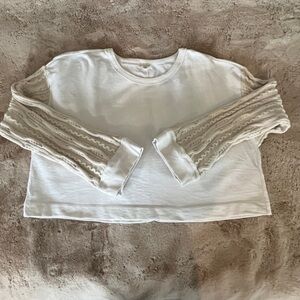 Anthropologie Pilcro Cropped Sweatshirt with Crotchet Knit Sleeves